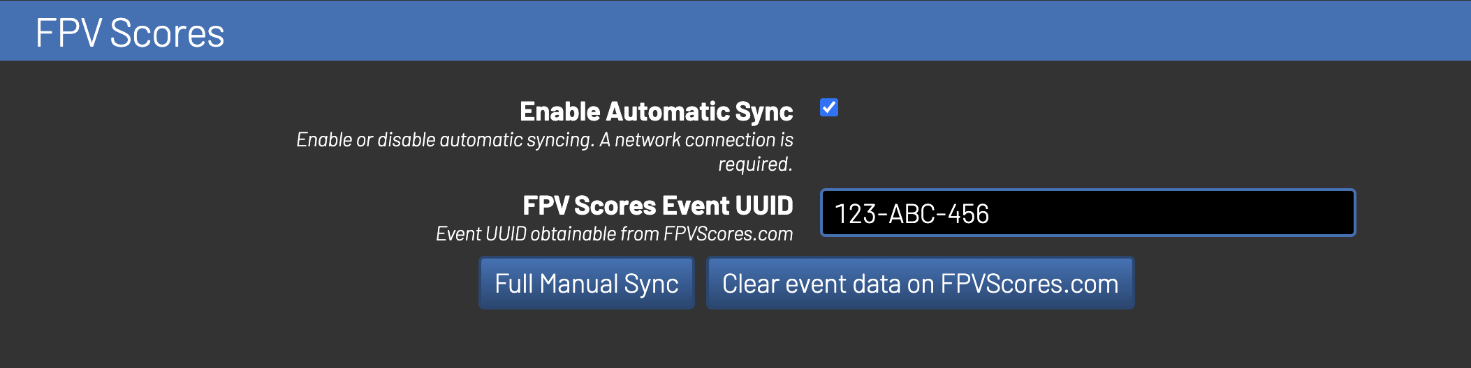 FPVScores Sync Settings Tab